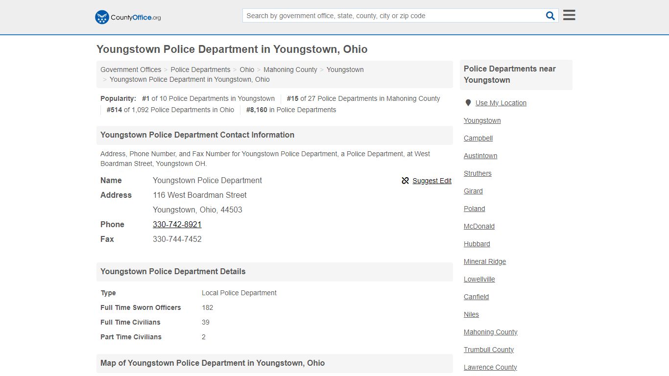 Youngstown Police Department - Youngstown, OH (Address, Phone, and Fax)